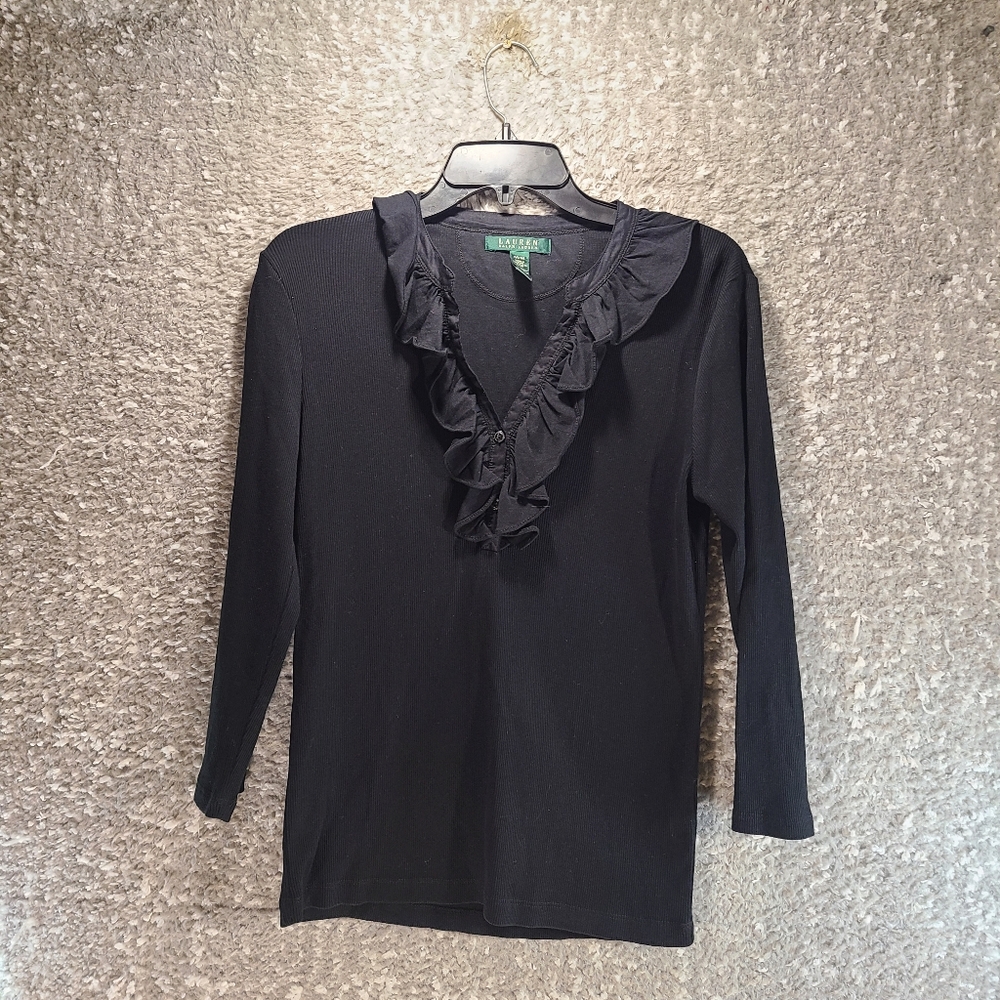 LAUREN RALPH LAUREN Women M Black Ribbed Henley 3/4 Sleeve Ruffle Cotton Top